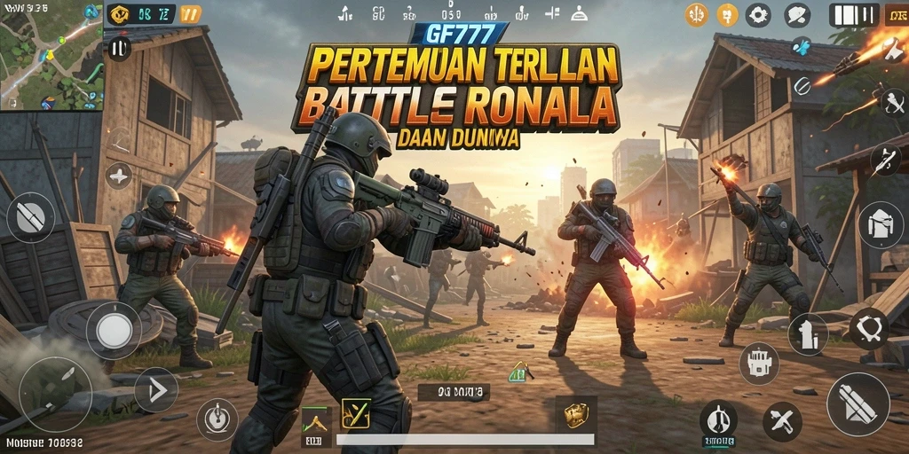 Screenshot utama GF777 menampilkan aksi seru di arena Battle Royale.