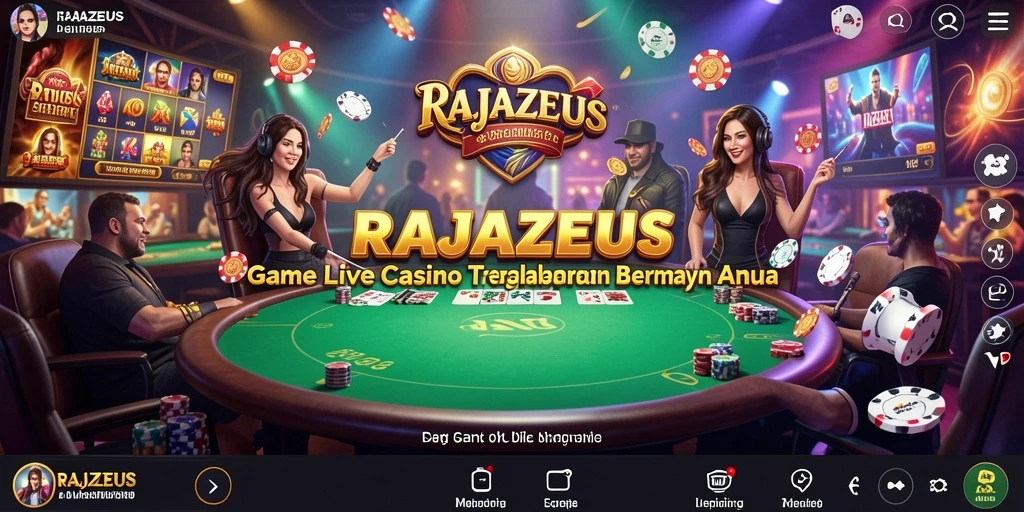 Screenshot gameplay RAJAZEUS yang menunjukkan dealer langsung beraksi di meja casino.